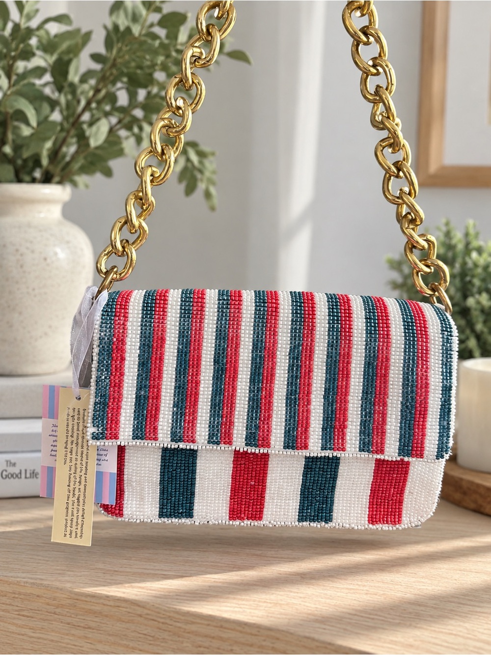 Handcrafted in India Red, Teal & White Beaded Shoulder Bag